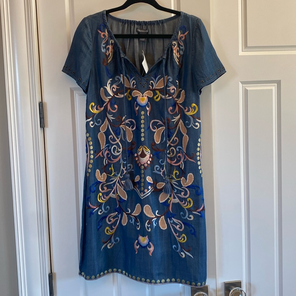 Chelsea and Theodore Tercel Embroidered Chambray Shirt Sleeve Dress